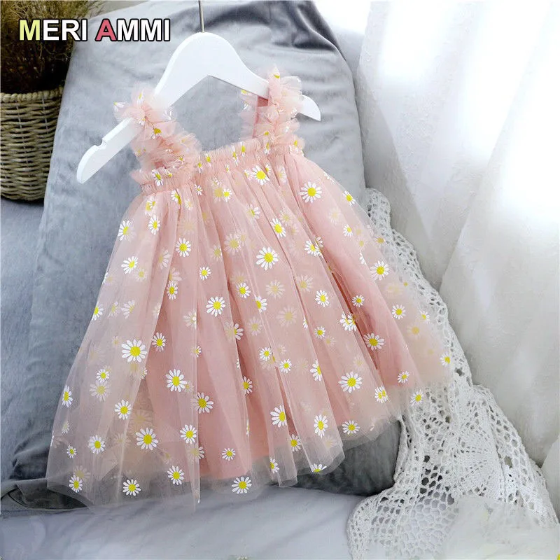 MERI AMMI Children Girl Clothing  Sleeveless Floral Daisy Party Daily Knee Length Mesh Dress For 1-13 Year Kids baby dresses