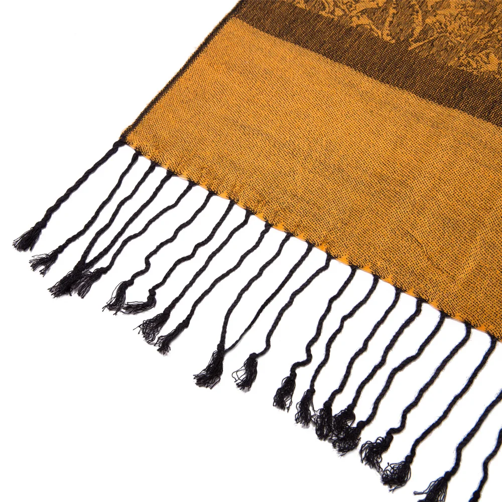 Women Lady Fashion Pashmina Silk Scarf Shawl Stole With Tassel Fringes Paisley Border Pattern Clean Finish Luxury Good Gift |