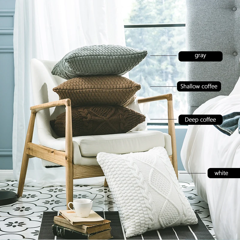 Белая вязаная наволочка винтажная однотонная желтая синяя розовая Подушка