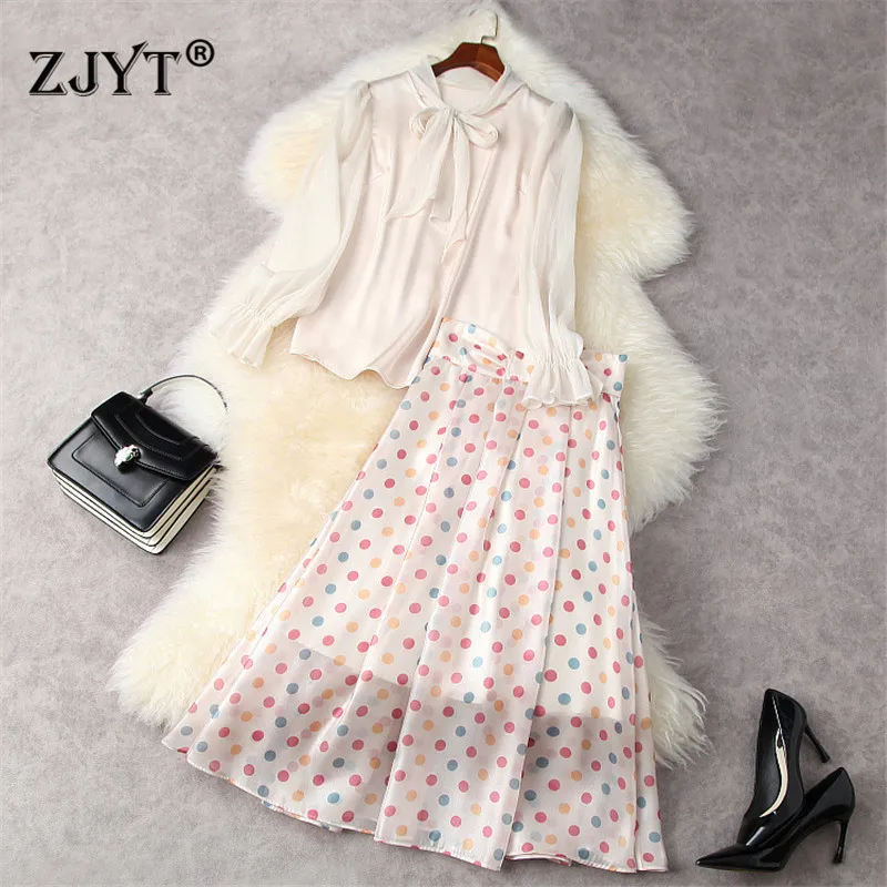 

2021 New Spring Designers Runway Two Piece Outfits Women Elegant Bow Collar Loose Blouse and Skirt Suit Set Casual Twinset