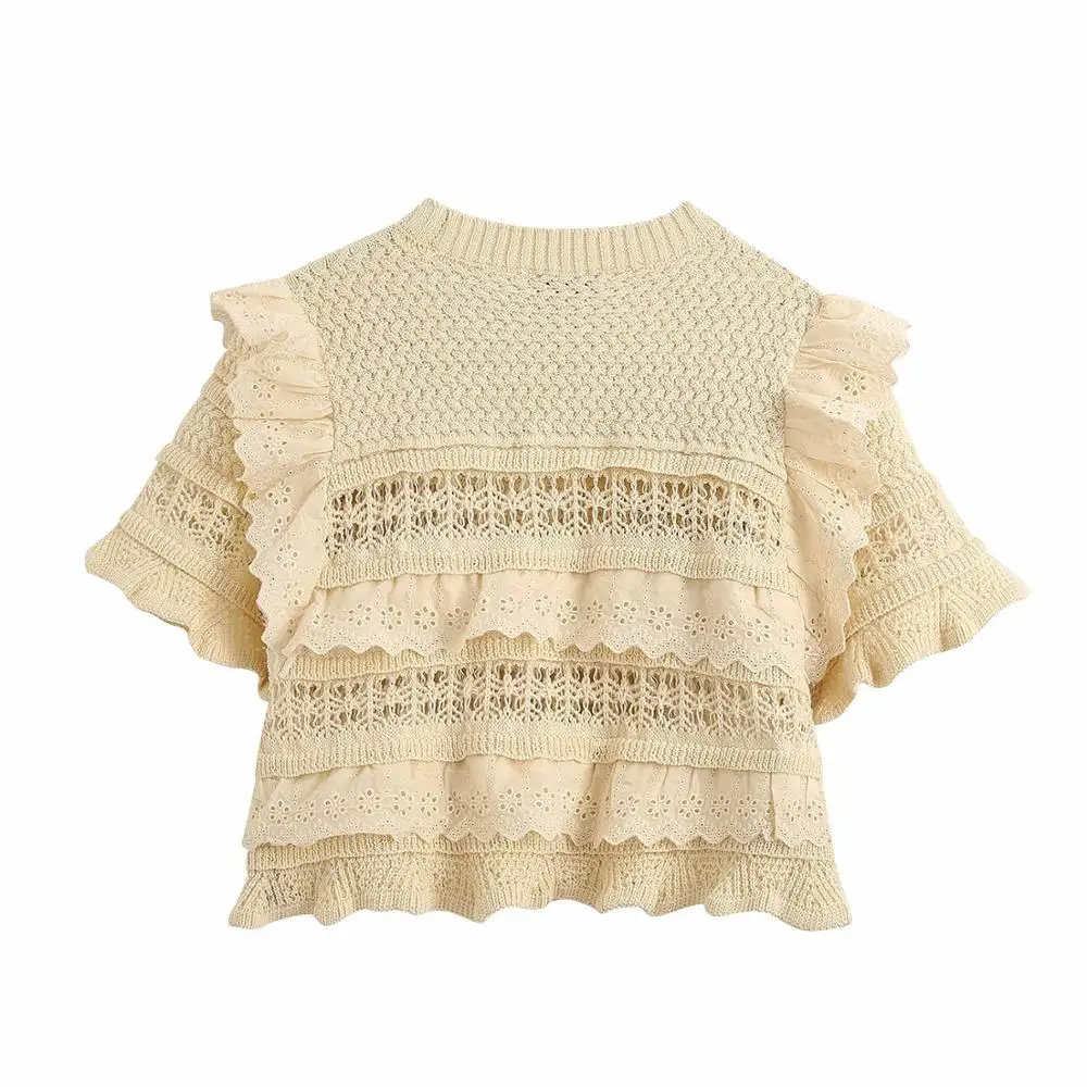 

Women Lace Shirt Short Sleeve Knitted T Shirt Cropped Top Hollow Out Ruffle Knit t-shirt Short Shirt Tees Tops