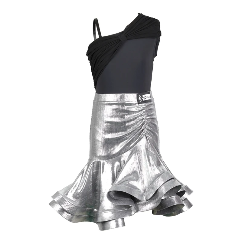 

Girls Latin Dance Dress Kids Modern Latin Ballroom Dress Black Bodysuit Silver Skirts Child Dancing Dress Wear For Girls DQS2750