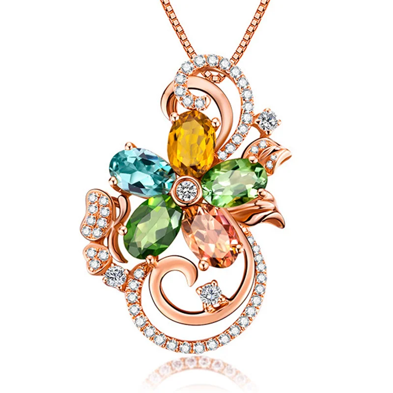 Rhinestone Colorful Flower Butterfly Pendant Necklace For Women Jewelry High Quality Silver Plated Chain Necklace For Lady