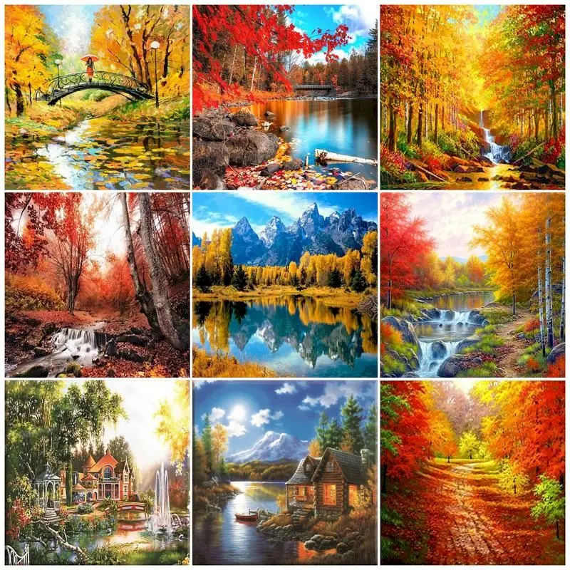 

DIY Краски Раскраска по номерам осень Картина на холсте с рамкой природный пейзаж ремесло Наборы, способный преодолевать Броды для взрослых ...