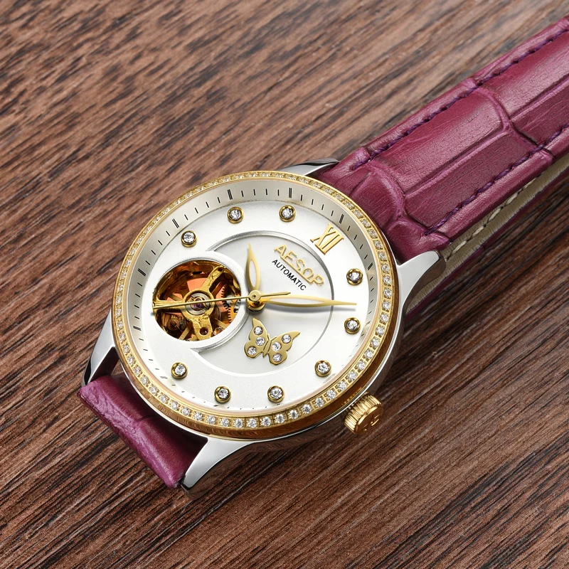 AESOP часы женские роскошные механические кожаный ремешок со стразами скелетом