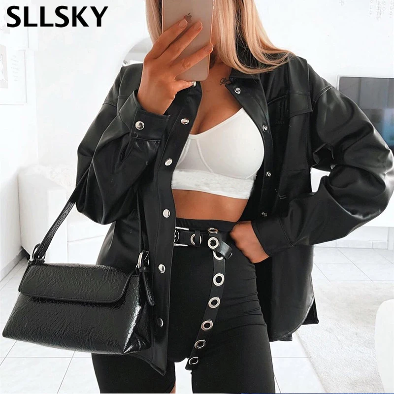 

Sllsky Faux Leather Blouse Women Plus Size Long Sleeve Turn-down Collar Shirt With Button Loose Streetwear Blouses Top Ladies