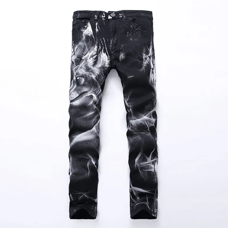 Mens Youthful  printing Straight High Quality Black Pants Denim Casual Male Fashion male Trousers Versatile Streetwear Jeans