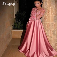charming pink long sleeve prom dress with lace elegant a line satin floor length evening gowns beaded formal party dress 2022