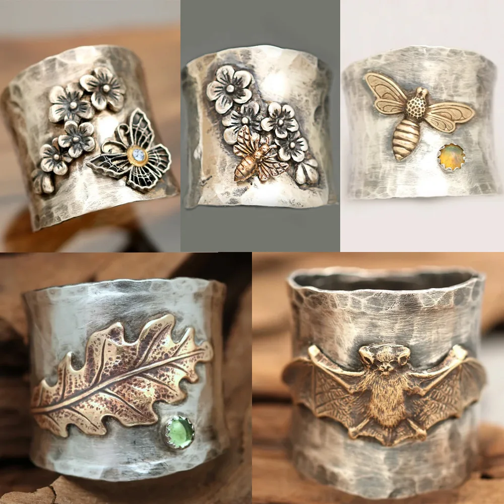

Женское Винтажное кольцо на палец, с гравировкой, цветок, пчела, лист, Бабочка, летучая мышь