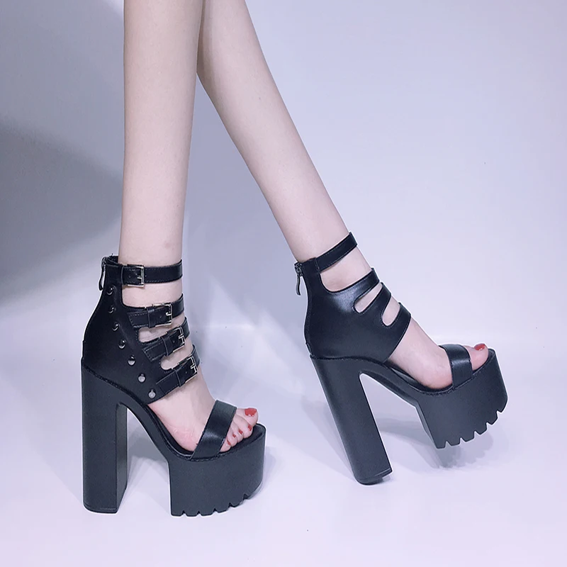 

chunky sandals Punk shoes Rock Gothic Sandals Women Peep Toe Buckle Chunky Block High Heels Sandals block heel sandal LJB35-1