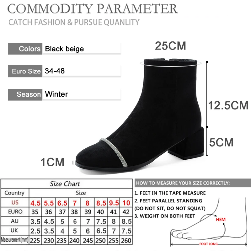 

BYQDY Women Sock Boots Suede Kid Suede Soft Shoes Anti-Skid Women Boots High Heels Short Plush Inside Zipper Lady Shoes Plus 48