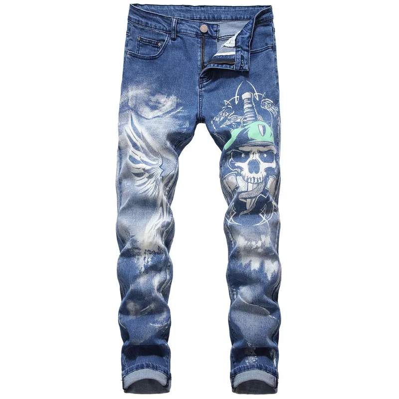 Skinny Jeans Men Straight Slim Fit Hip Hop Jean 3D Colored Printed Skull Designer Denim Jeans Pants Male Casual Trousers