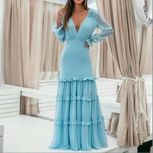 Feminino aumtum maxi vestidos decote em v profundo em camadas azul elegante vestido casual manga longa sem costas outono inverno versátil vestido (3)