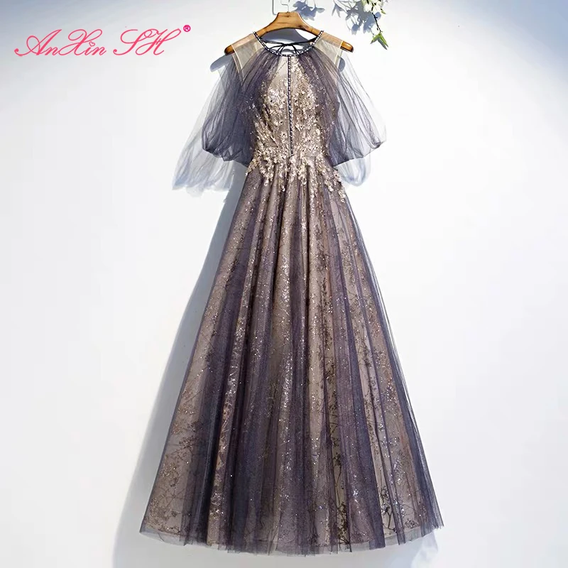 

AnXin SH принцесса фиолетовый серый кружевное вечернее платье винтажное с круглым вырезом Иллюзия короткий рукав бисер Кристалл Шнуровка вече...