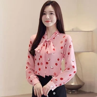 korean version 2021 spring and summer new lace up bow fashion big wave dot printing lady long sleeve chiffon shirt b053