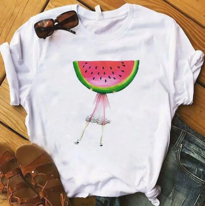 

YEMUSEED New Women Printing T-shirt White Short Sleeve Tops O-Neck Tee shirt FFV227