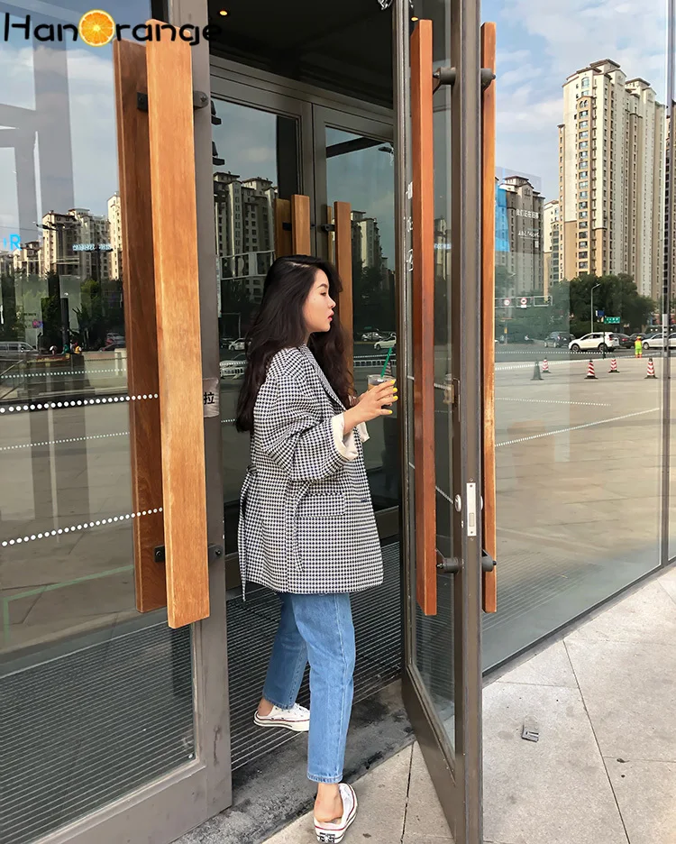 

HanOrange Puff Sleeve Oversized Plaid Suit Coat 2020 Spring Autumn Retro Women Houndstooth Loose Blazer