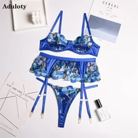 aduloty new lace embroidered womens sexy lingerie thin net yarn perspective bra garter thong seductive erotic underwear set