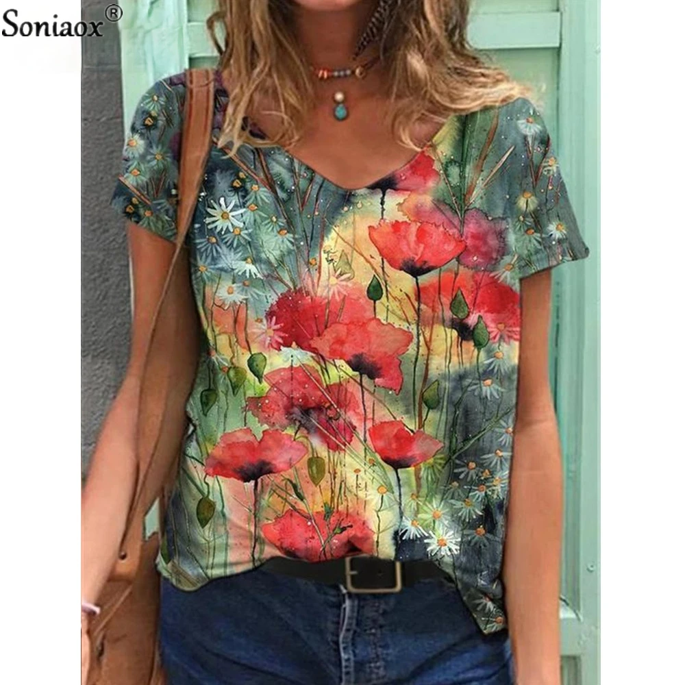 

Women Elegant Leisure Casual T-shirt Bohemian Flower Print V-neck Loose Women's Top 2021 Summer Tees shirt Femme