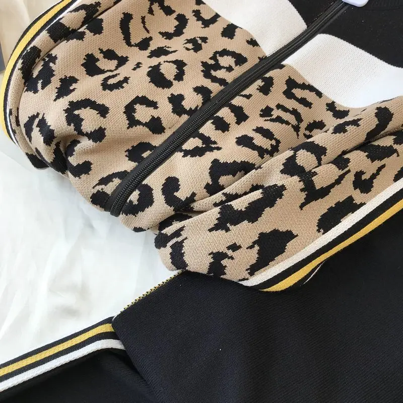 

Tracksuit Women Winter 2020 Wool Jersey Woman Sweatshirt Sports Leisure Women's Suit Leopard-Print Knitted Sweater Jacket+Pants