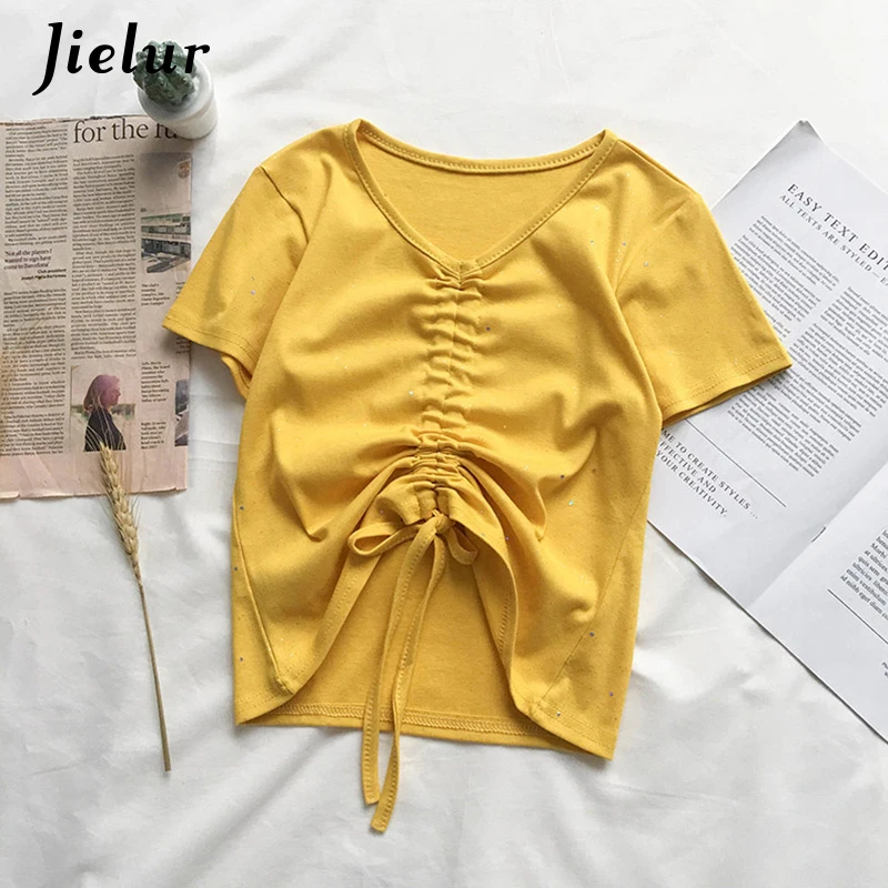 Jielur Футболка с блестками для женщин Лето 2019 шикарный сексуальный шнурок тенниска