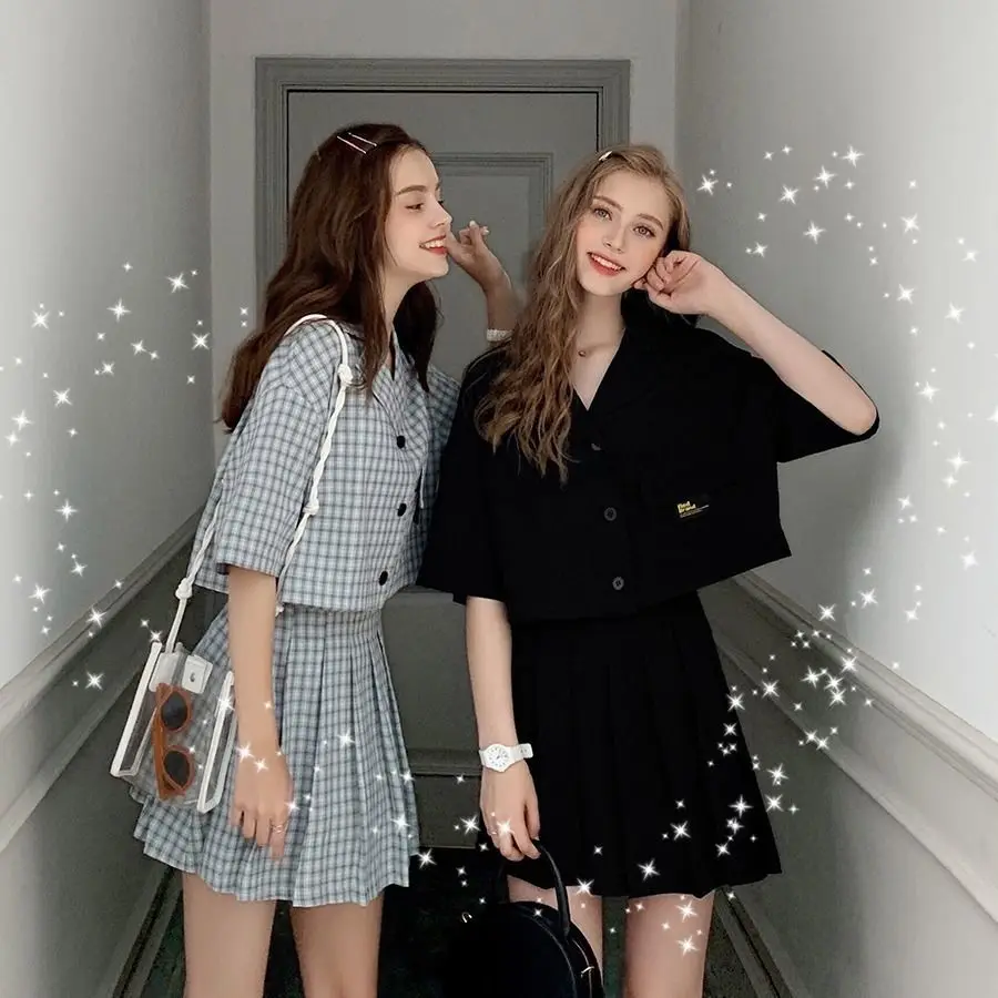 Женский винтажный комплект из рубашки с коротким рукавом и плиссированной юбки| |