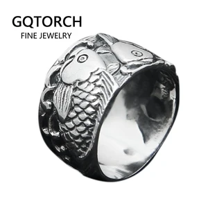 Ювелирные изделия из настоящего серебра 925 пробы с гравировкой двойной Карп кольца с рыбками для женщин и мужчин подарок для влюбленных пар