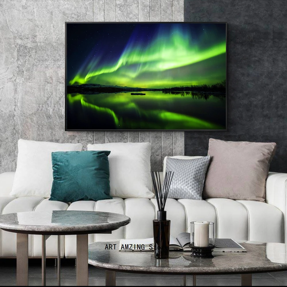 Аврора озеро Художественная Картина на холсте Borealis Ночной пейзаж Настенная