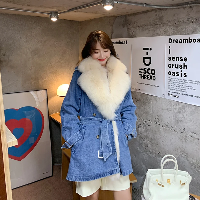 

2020 Winter Female Long Denim Natural Real Fox Fur Lining Parka Women Coat New Design Ladies Outerwear