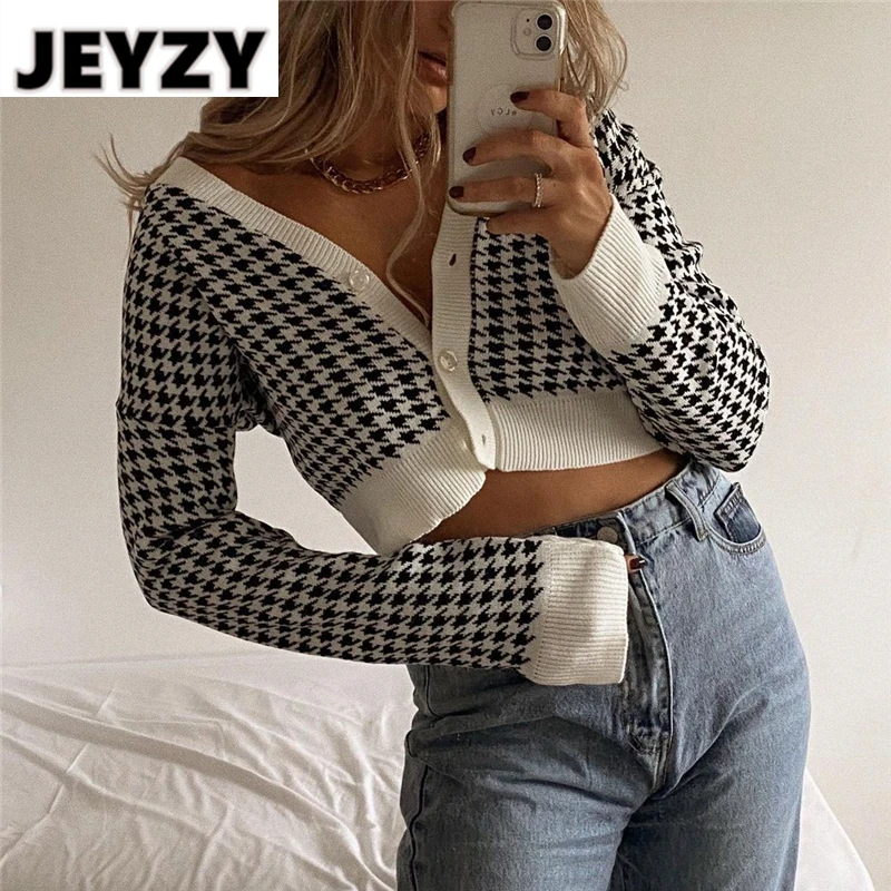 

Jeyzy Houndstooth Sexy Long Sleeve Knitted Sweater Cardigan Women Fashion Casual Beige V Neck Sweaters Ladies Autumn Winter 202