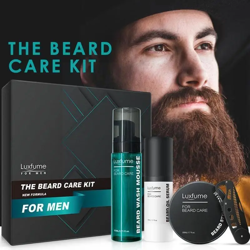 

4pcs/set Beard Care Barbe Beard Growth Kit Hair Growth Wax Essentital Comb Serum Growth Wash Beard Enhancer Beard Mousse Oi S1K4