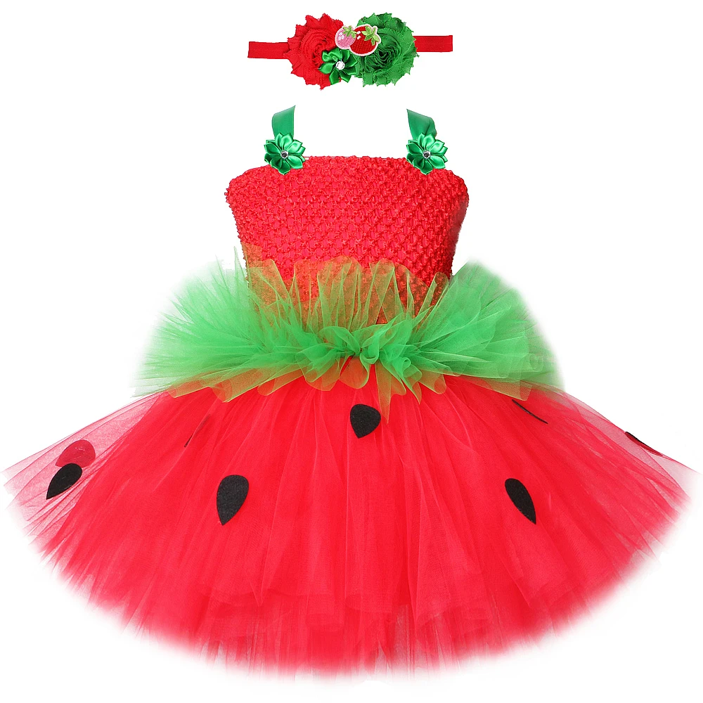 Red Green Strawberry Dresses for Girls Princess Tutu Dress with Flowers Headband Toddler Kids Girl Costume for Birthday Party
