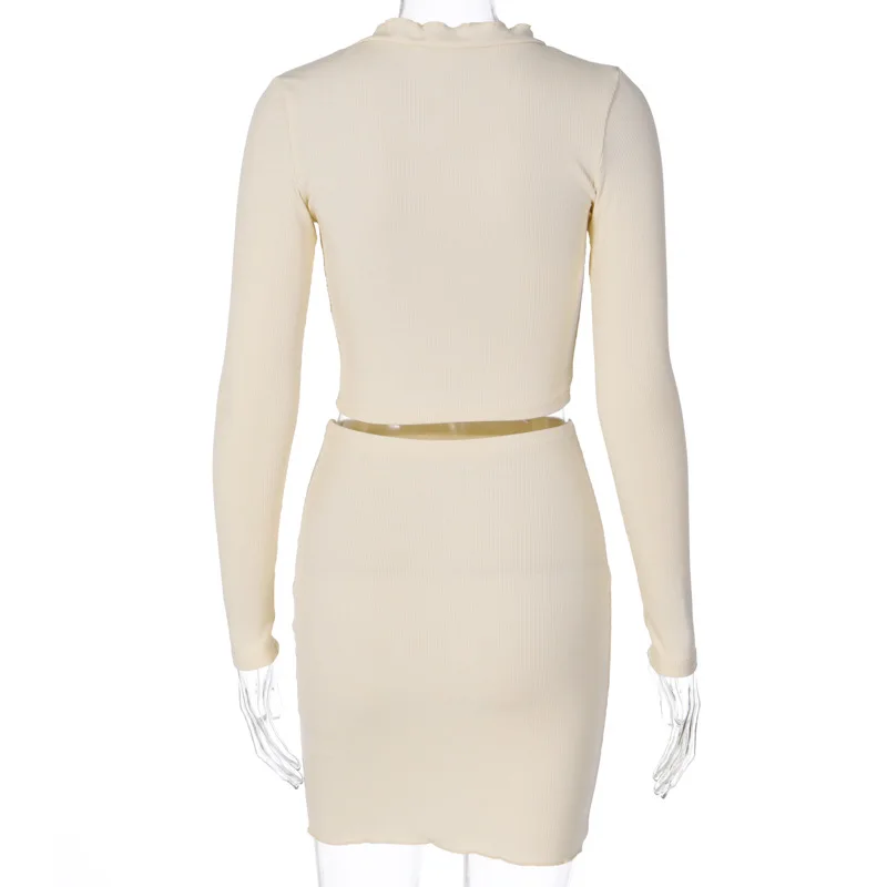 Solid Long Sleeve Two-piece set 2021 Slim Deep V-neck Drawstring Fit Crop Top and High Waist Skirt Mini Dress Casual Outfit |