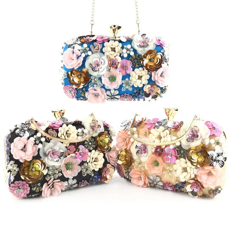 

Luxury Box Bag Elegant Evening Bags Women With Pearl Flower Colorful Clutches Wedding Bride Clutch Pouch Ladies Banquet Purse