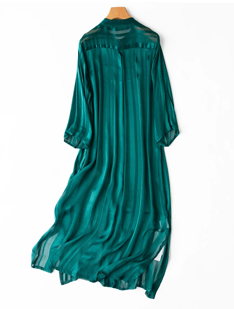 

SuyaDream Woman Shirt Dress 100%Real Silk Solid Single Breasted Chic Dresses 2021 Summer Green Dresses