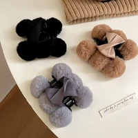 retro rabbit fur ball hairpin girl hair catch bow solid color catch clip color hair accessories female