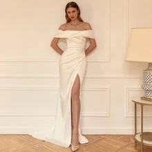 Simple Side Slit Mermaid Long Evening Dress 2022 Women's Satin Strapless Backless Off the Shoulder Wedding Guest Party Gowns (3)