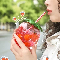 strawberries straw cup summer cartoon plastic lovely girl milk teacup student portable water cup summer water bottle with straw