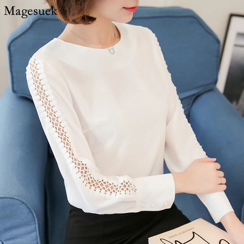 

Осенняя шифоновая блузка с длинным рукавом, женская новая тонкая белая рубашка с круглым вырезом, Женская однотонная блузка, женская повсед...