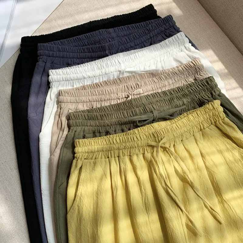 

Cotton Linen Cropped Harem Women's Pants White Drawstring Loose Ankle-length Trousers For Female Summer 2021 Fashion Casual Pant