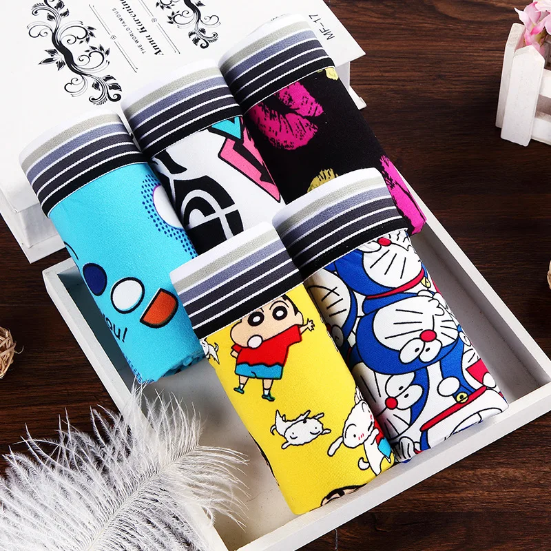 5PCS/Lot Men'S Underwear Boxer Pants Teenager Student Cartoon Printed Breathable Mid-Waist  Men'S Boxer Pants
