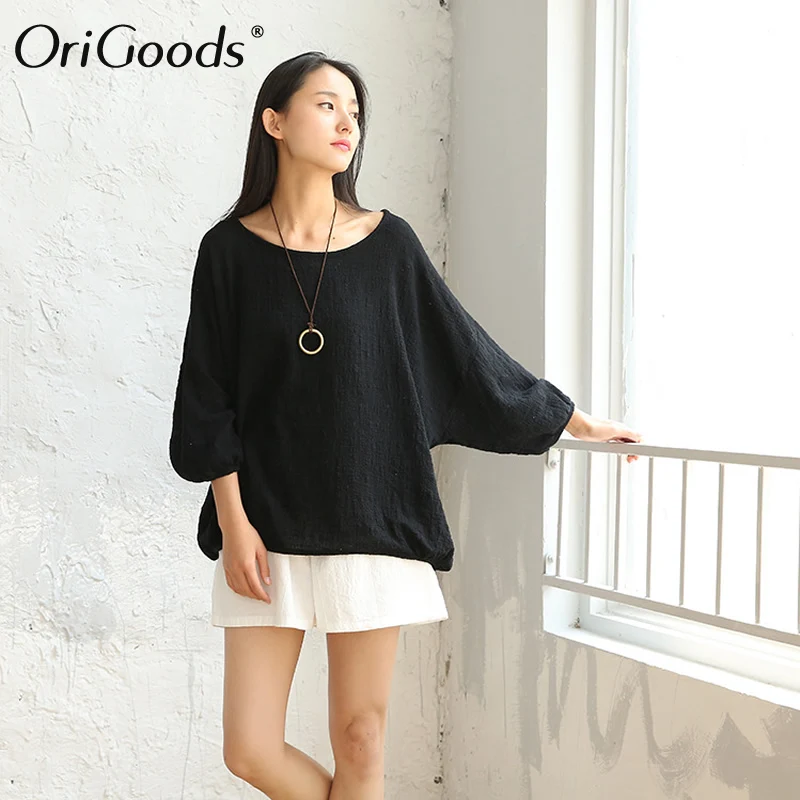 Женская блузка OriGoods винтажная большого размера из хлопка и льна с o образным