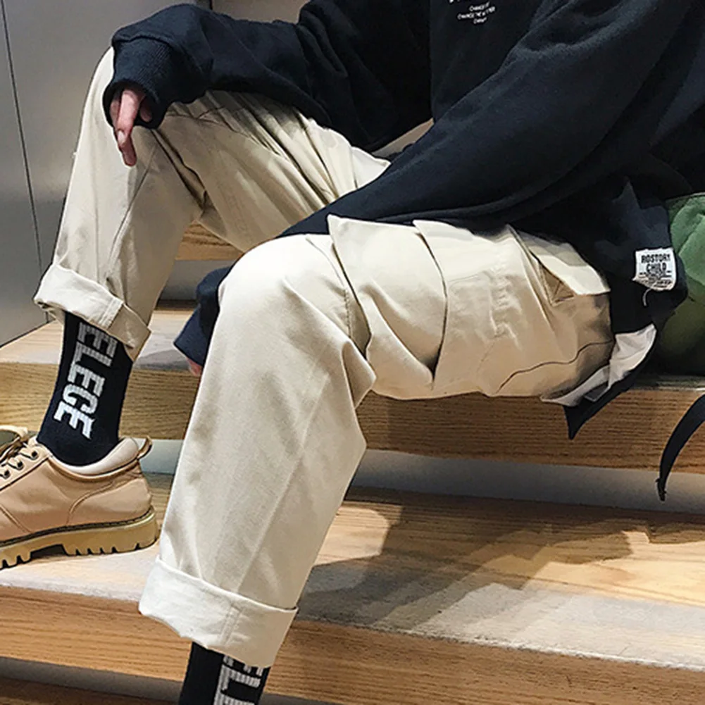 Винтажные мужские однотонные длинные спортивные брюки с несколькими карманами