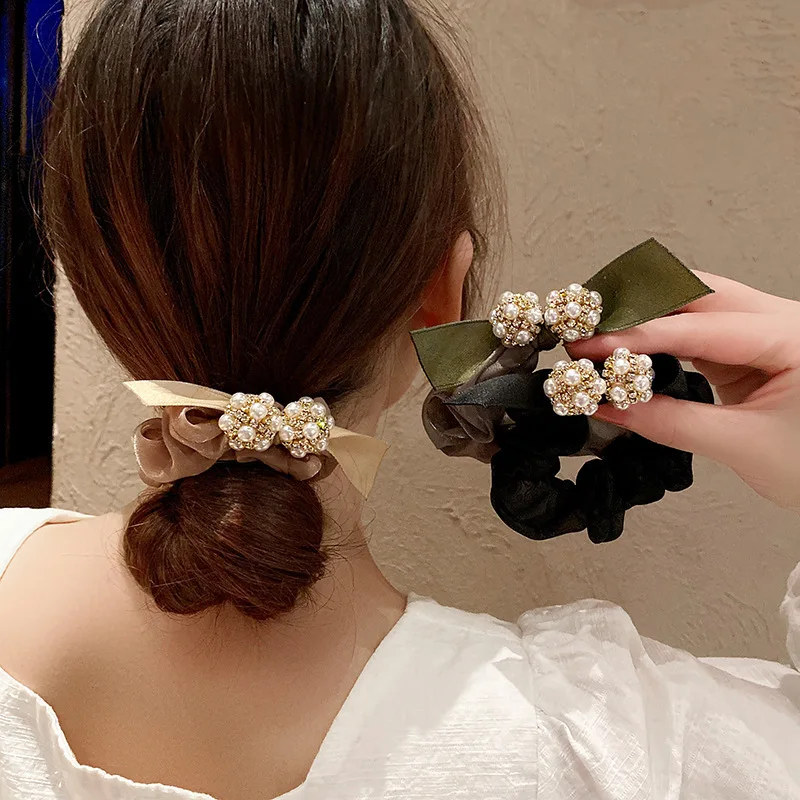 

South Korea's pearl flash diamond large intestine hair ring fashion organza flower ball bow knot head rope ball hair accessories