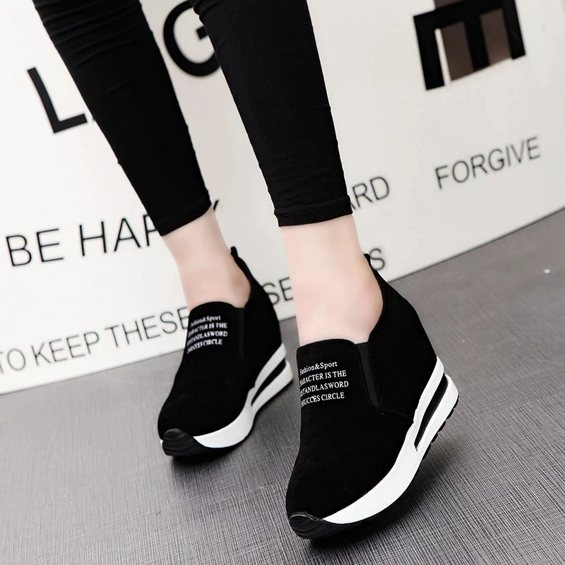 

Zapatillas aterciopeladas alto para mujer, zapatos informales negros con plataforma, transpirables y sin cordones