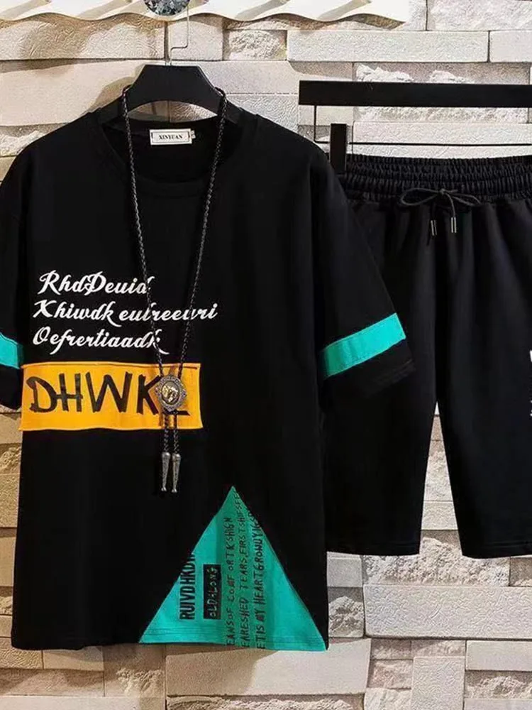 

men's sets summer short-sleeve shorts T-shirt letter printed ice silk handsome loose Oversized two-piece suit 2021 new tracksuit