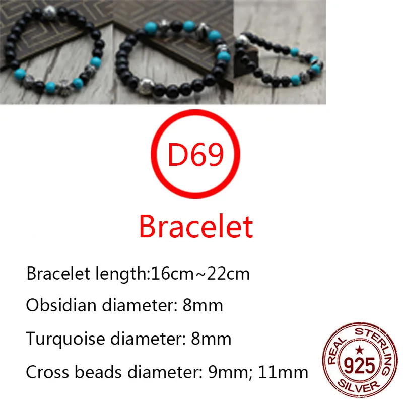 

D69 S925 Sterling Silver Bracelet Retro Personality Punk Hip-Hop Style Obsidian Cross Alphabet Couple Beads 2020 new hot