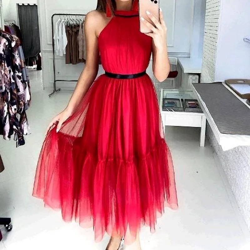 

Solid Color Mesh Temperament Commtue Dresses for Women 2021 Fashion Sexy Backless Ruffled Net Yarn Elegant Party Banquet Dress