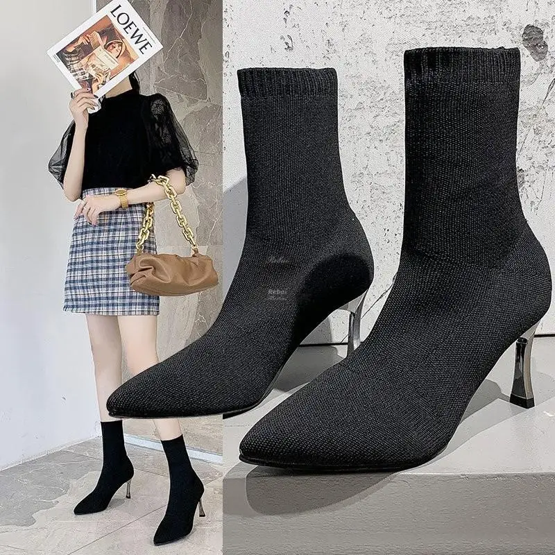 

Women's Boots Autumn Winter Stretch Fabric Sock Mid-calf Boots Sexy Ladies Thin High Heels Shoes Pointed Toe Female Pumps 2022