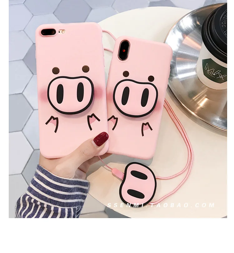 

Cute cartoon pink pig soft phone case with stand and lanyard for iphone 6 6s 7 8 plus case for iphone XR XS X MAX phone case